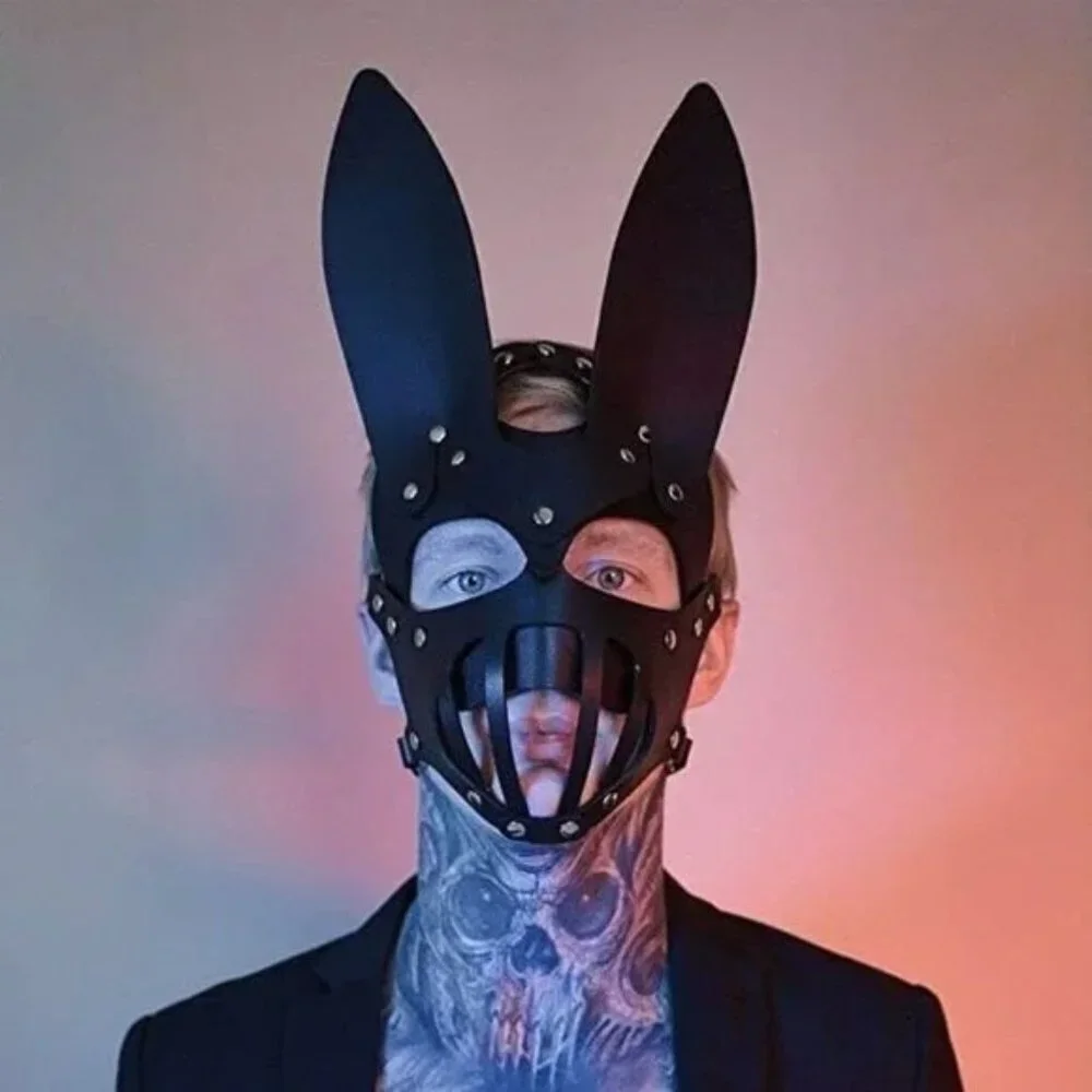 BLACK Leather Fetish Masquerade Face Mask Slave Bondage BDSM Costume Cosplay